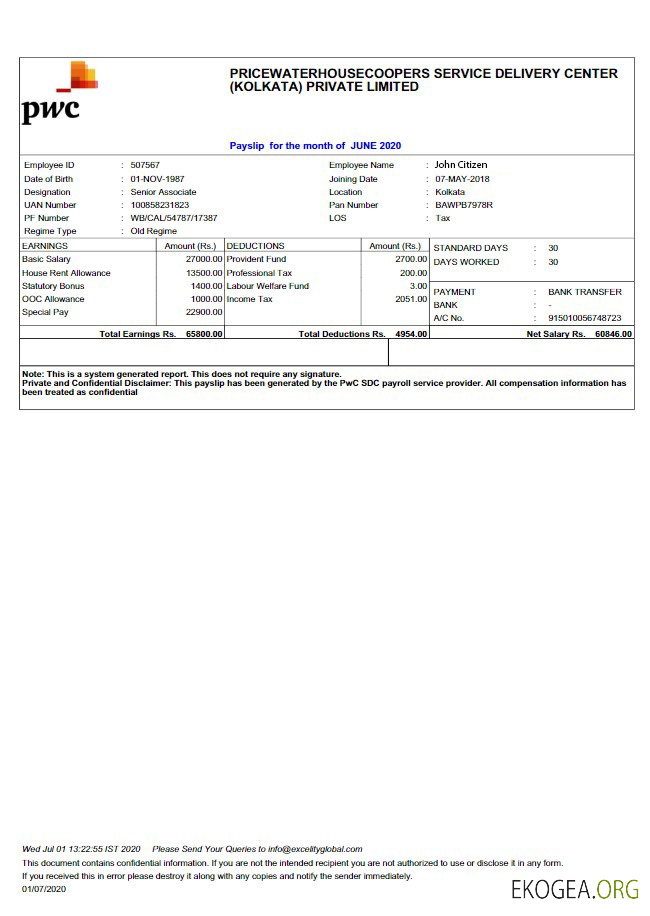 INDE PRICEWATERHOUSECOOPERS Service Delivery Center (Kolkata) Fiche de paie privée limitée aux formats Word et PDF